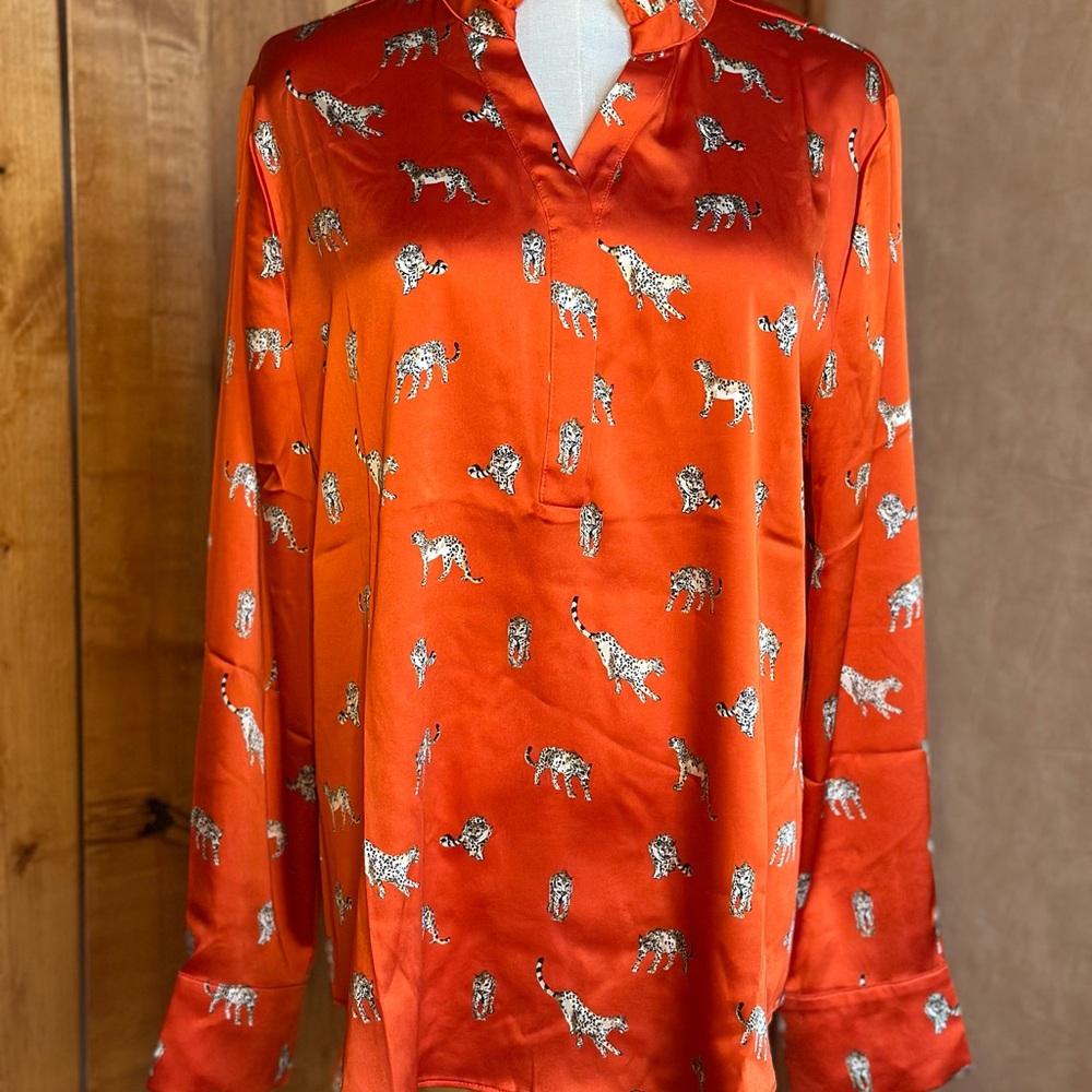 Chico's Orange Satin Blouse with Leopard Print